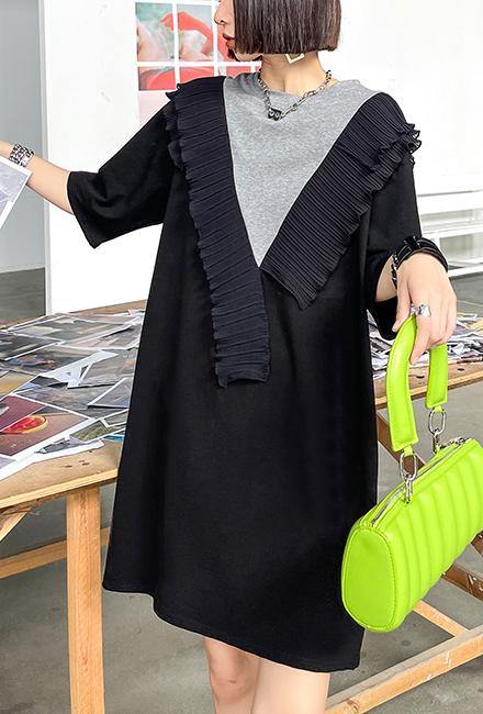 DIY Black Patchwork Grey Cotton Ruffled Summer Dress - SooLinen