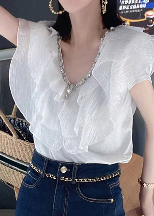 DIY Black Ruffled Rhinestone Cotton Shirts Summer
