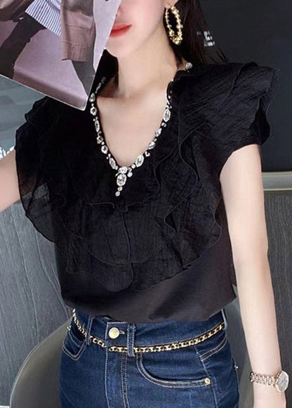 DIY Black Ruffled Rhinestone Cotton Shirts Summer