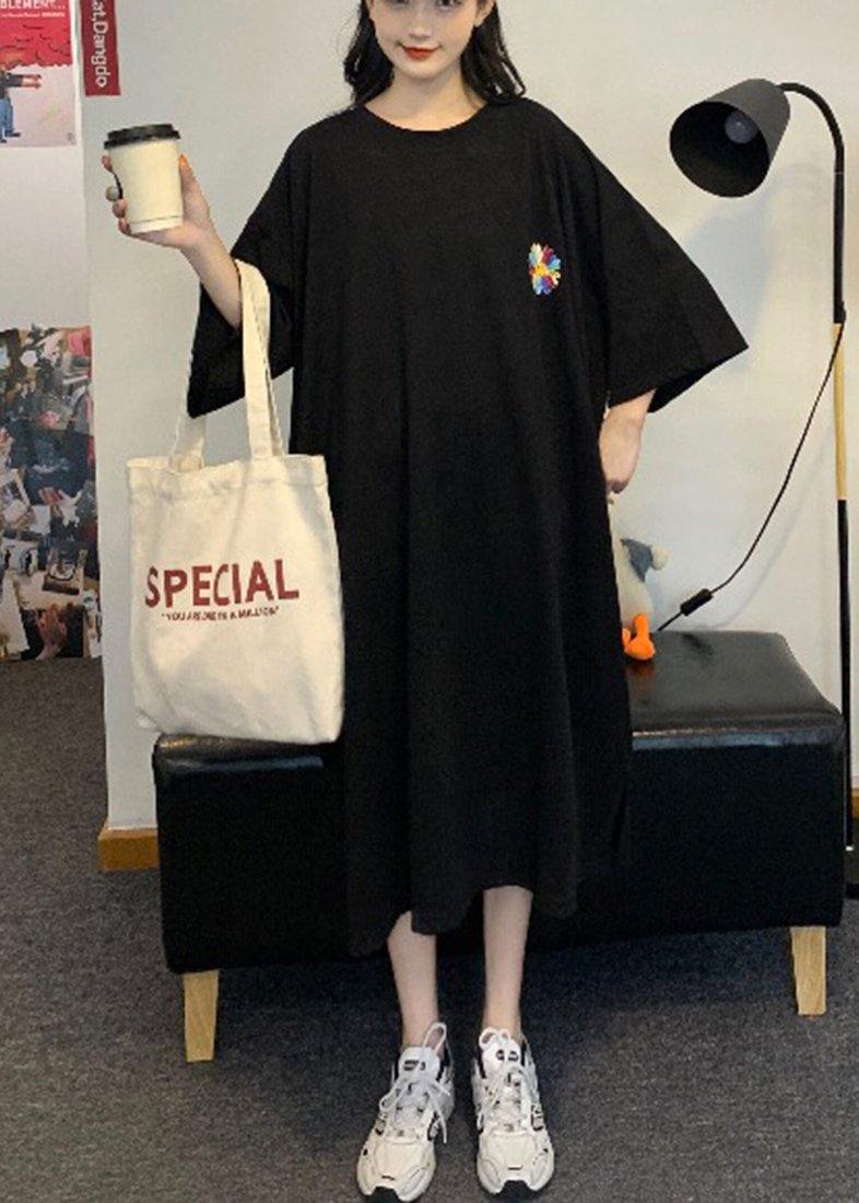 DIY Black Short Sleeve Cotton Sun flower Summer Dresses - SooLinen