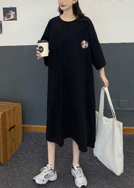 DIY Black Short Sleeve Cotton Sun flower Summer Dresses - SooLinen