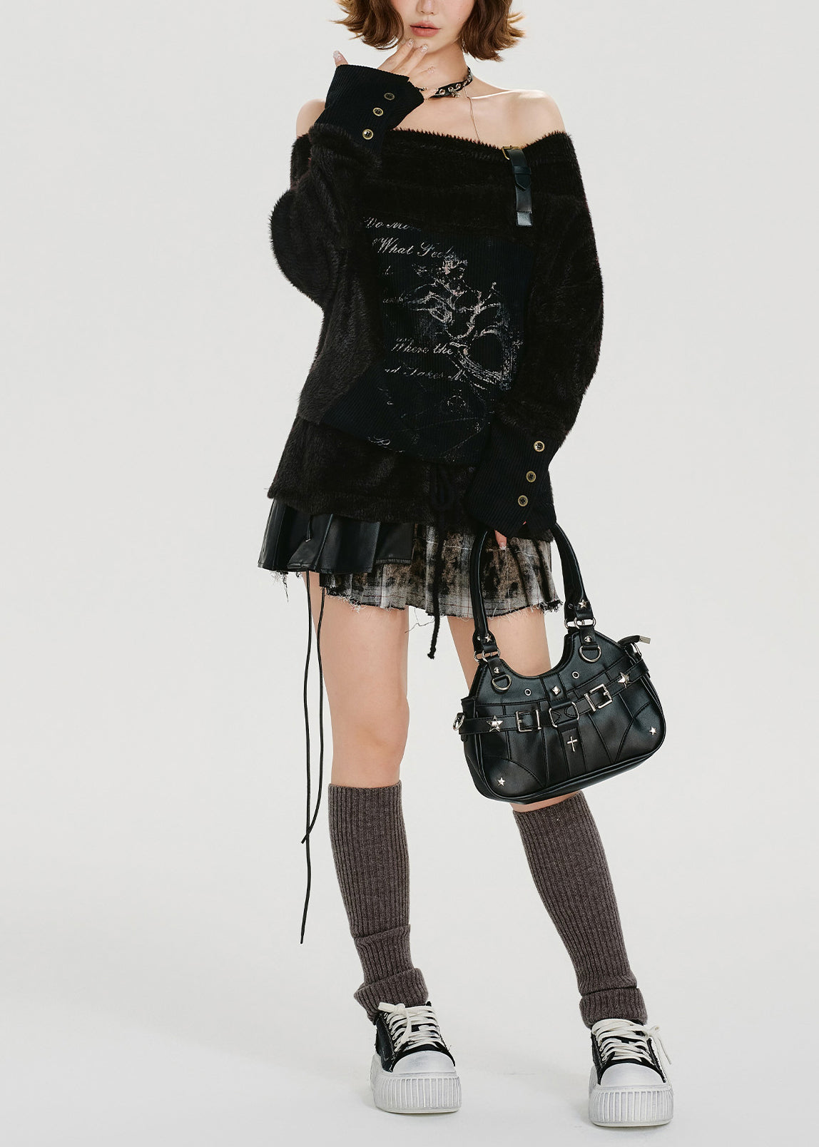 DIY Black Slash Neck Cold Shoulder Print Knit Shirts Winter