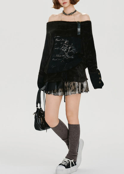 DIY Black Slash Neck Cold Shoulder Print Knit Shirts Winter