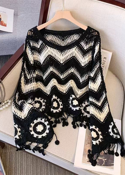 DIY Black Tasseled Striped Knit UPF 50+ Tops Fall