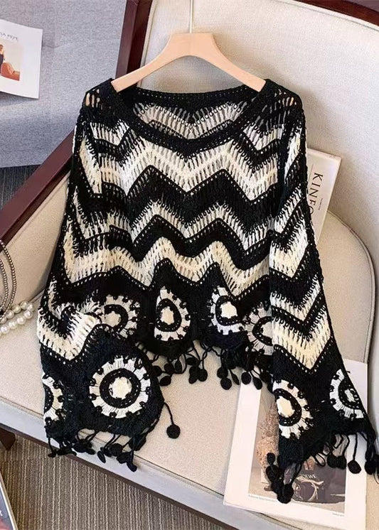 DIY Black Tasseled Striped Knit UPF 50+ Tops Fall