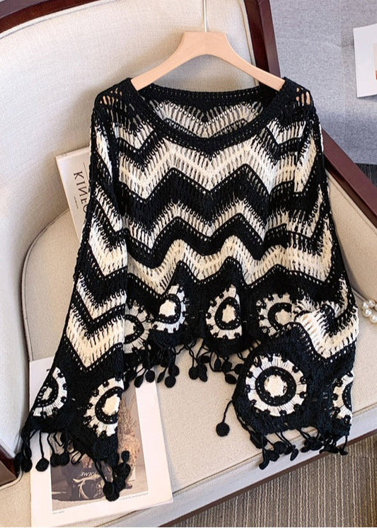 DIY Black Tasseled Striped Knit UPF 50+ Tops Fall