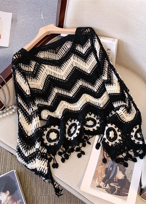 DIY Black Tasseled Striped Knit UPF 50+ Tops Fall