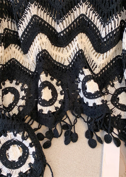 DIY Black Tasseled Striped Knit UPF 50+ Tops Fall