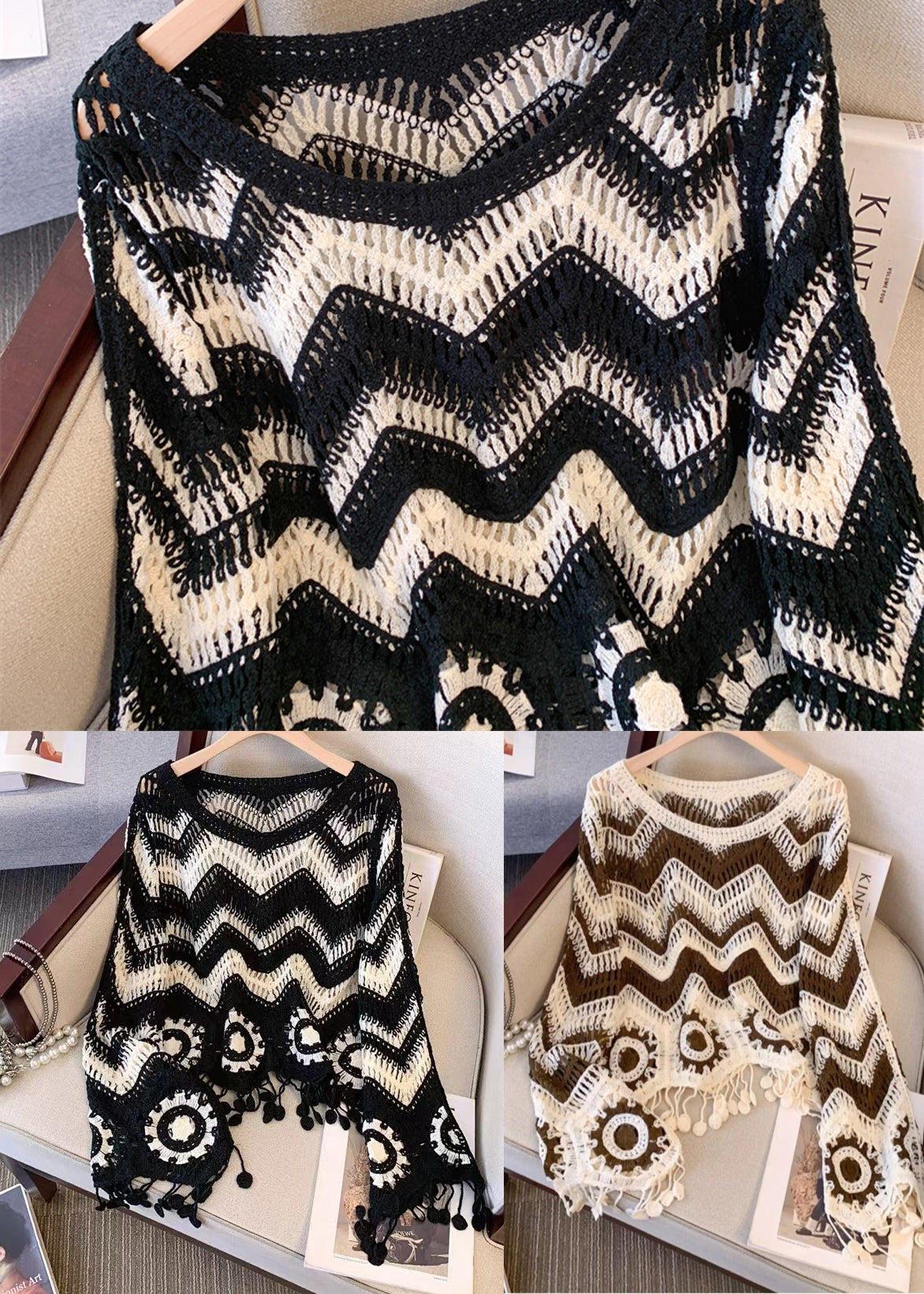 DIY Black Tasseled Striped Knit UPF 50+ Tops Fall