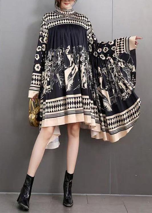 DIY Black Turtleneck Print Maxi Dresses Batwing Sleeve