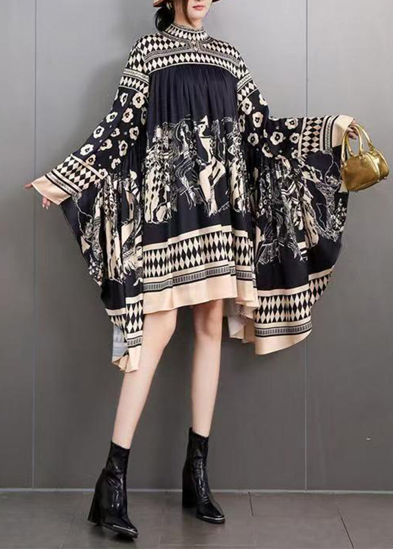 DIY Black Turtleneck Print Maxi Dresses Batwing Sleeve