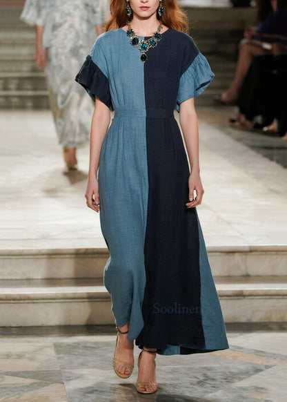 DIY Blue Asymmetrical Patchwork Cotton Ankle Dress Summer