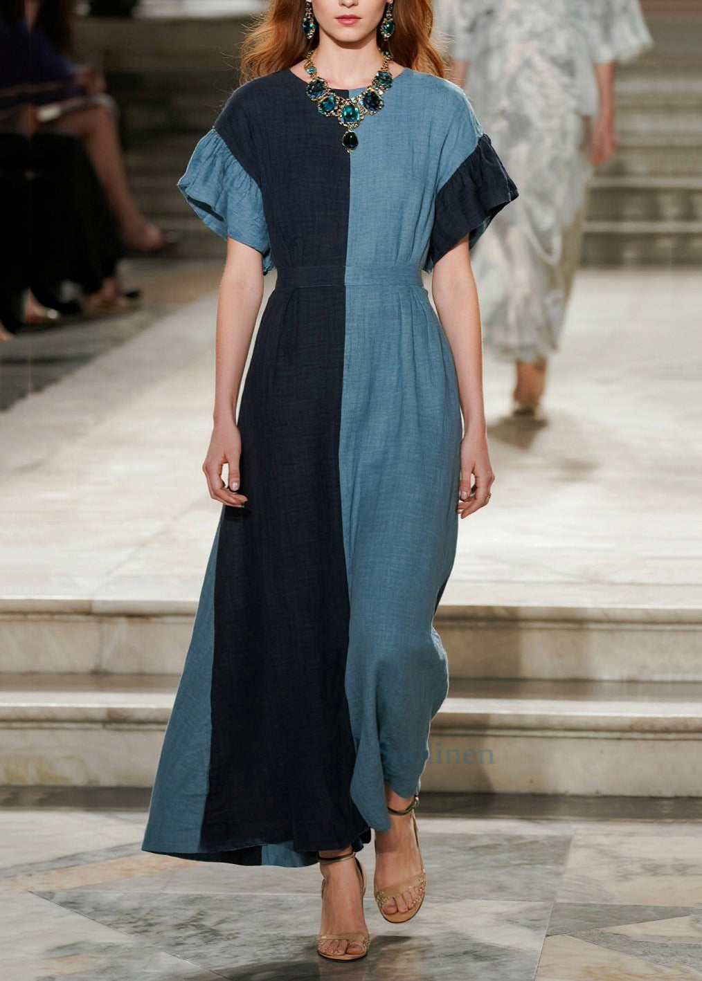 DIY Blue Asymmetrical Patchwork Cotton Ankle Dress Summer