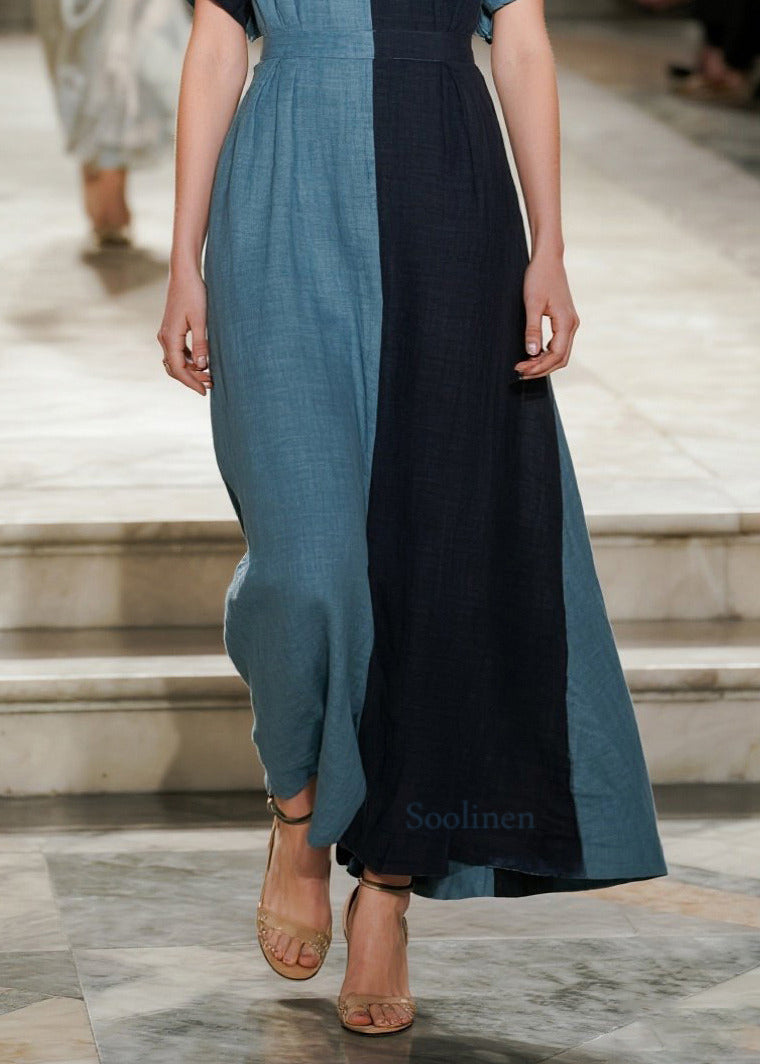 DIY Blue Asymmetrical Patchwork Cotton Ankle Dress Summer