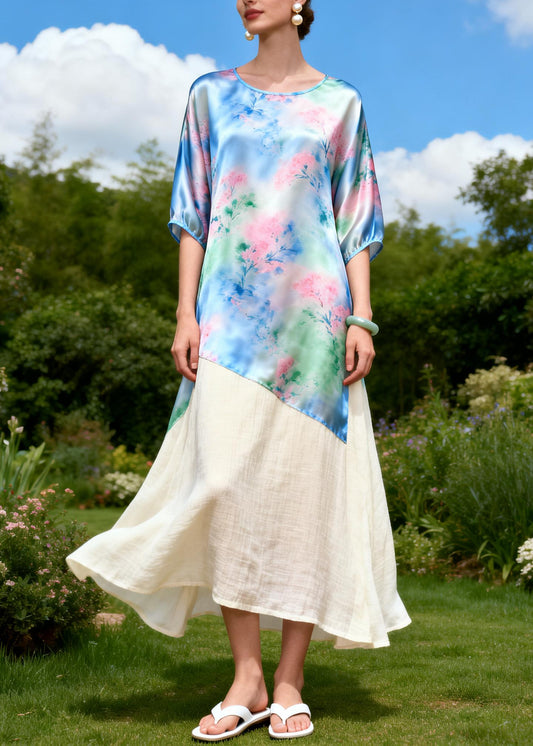 DIY Blue Asymmetrical Patchwork Linen Silk Dress Summer