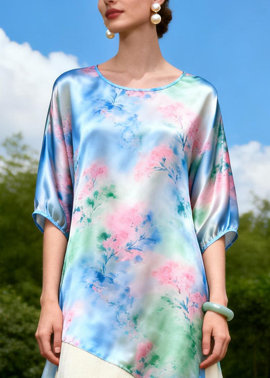DIY Blue Asymmetrical Patchwork Linen Silk Dress Summer