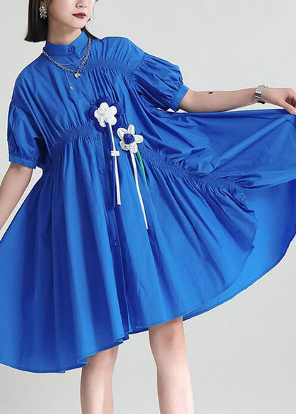 DIY Blue Asymmetrical Wrinkled Applique Cotton Robe Dresses Short Sleeve