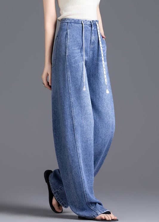 DIY Blue High Waist Drawstring Denim Pants Spring