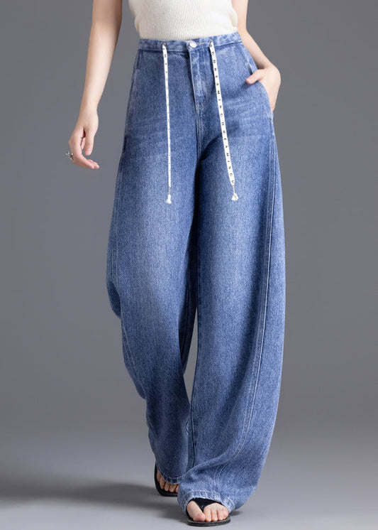 DIY Blue High Waist Drawstring Denim Pants Spring