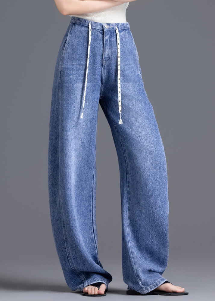 DIY Blue High Waist Drawstring Denim Pants Spring