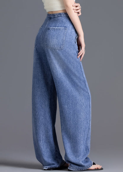 DIY Blue High Waist Drawstring Denim Pants Spring