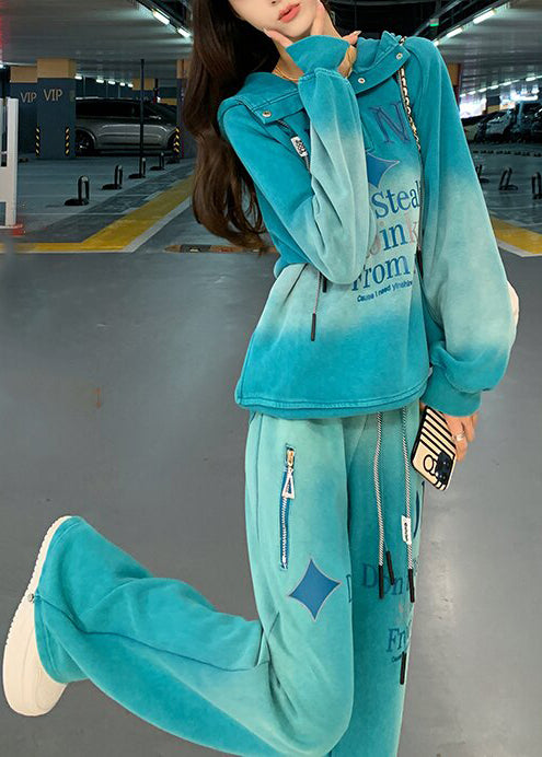 DIY Blue Hooded Tie Dye Cotton Two Piece Set Women Clothing Spring