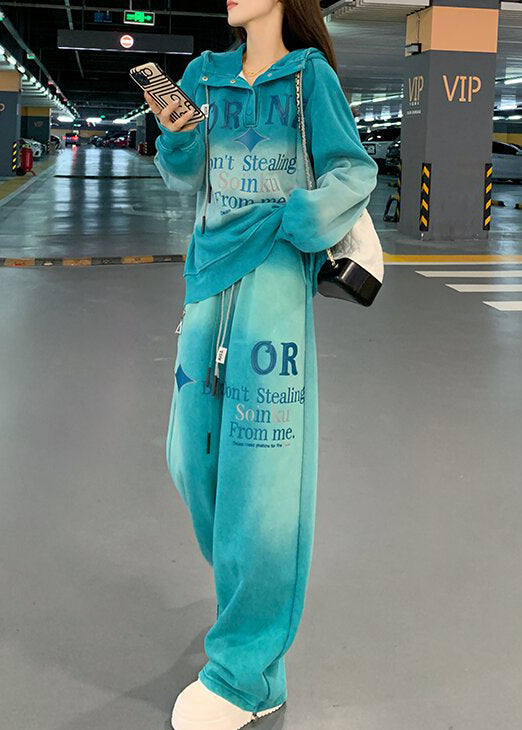 DIY Blue Hooded Tie Dye Cotton Two Piece Set Women Clothing Spring