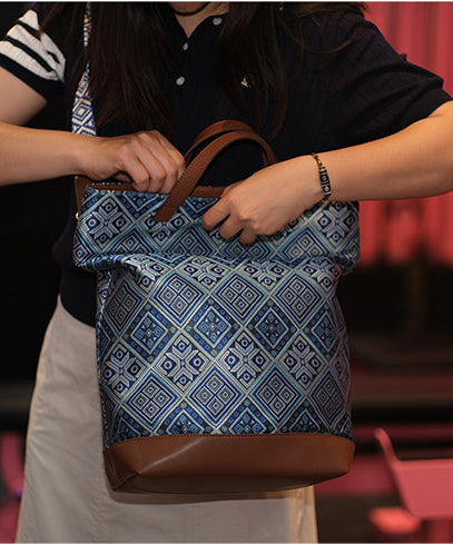 DIY Blue Jacquard Patchwork Large Capacity Faux Leather Tote Handbag
