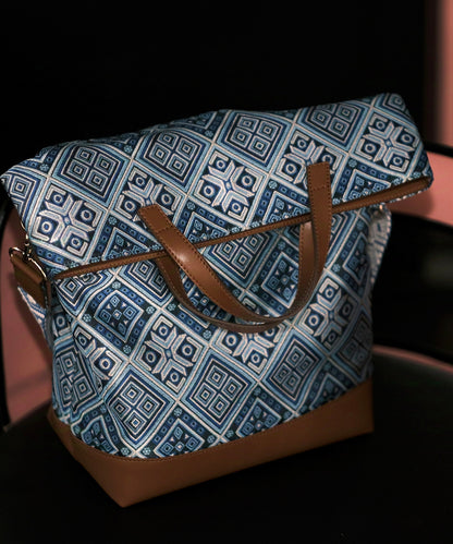 DIY Blue Jacquard Patchwork Large Capacity Faux Leather Tote Handbag