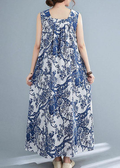 DIY Blue Loose Print V Neck Summer Vacation Dress Sleeveless - SooLinen