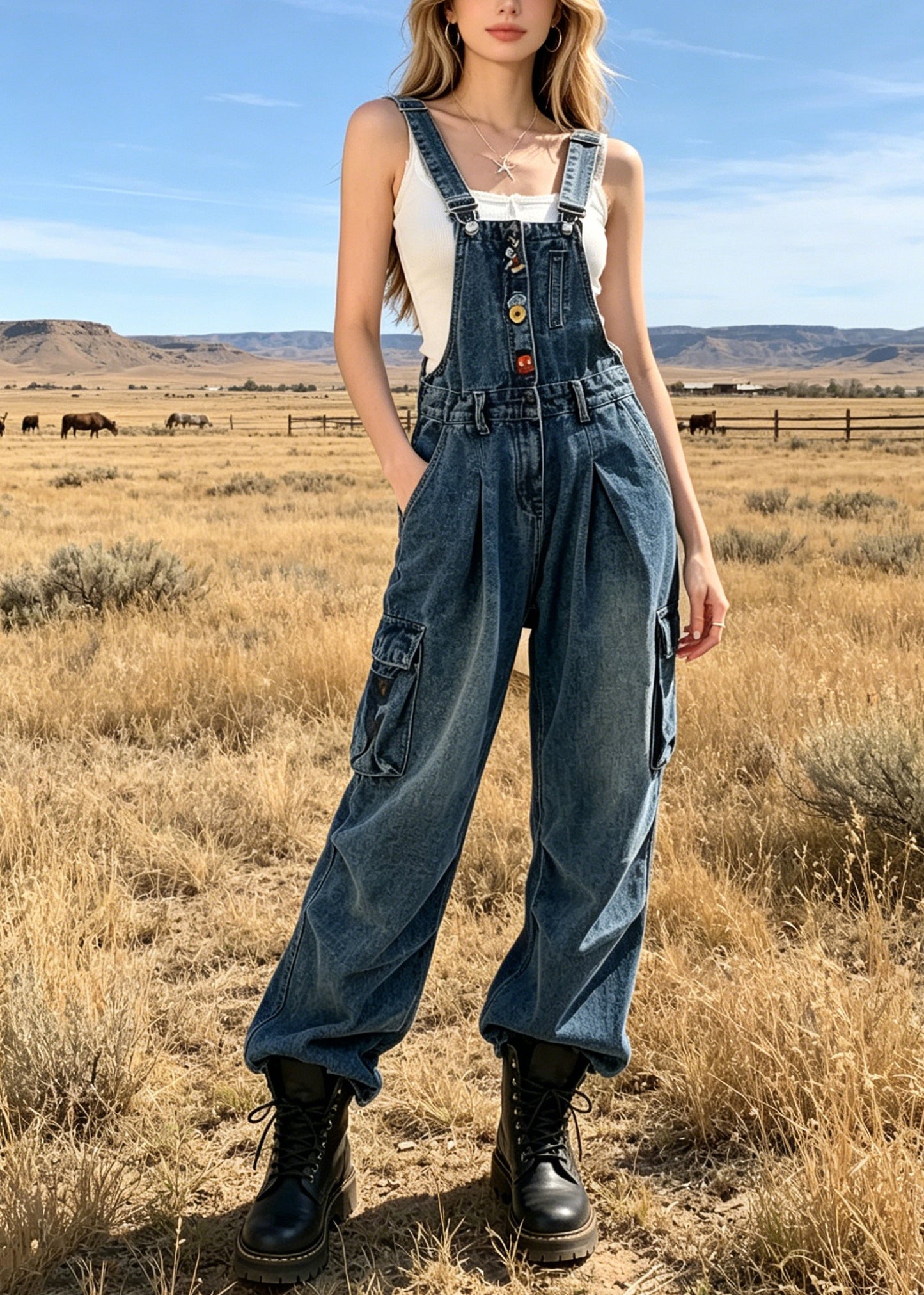 DIY Blue Oversized Pockets Wrinkled Denim Jumpsuits Summer