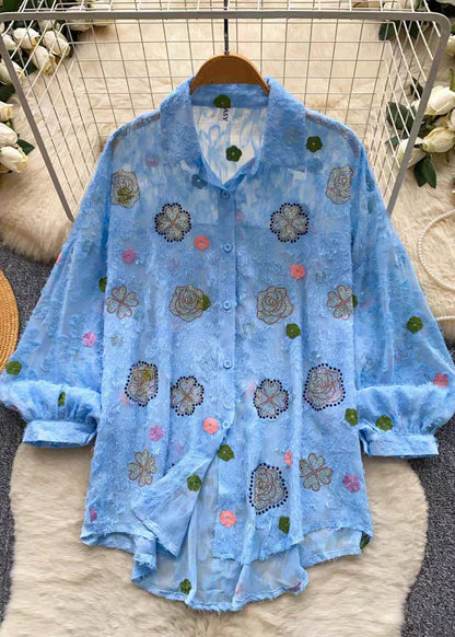 DIY Blue Oversized Print Chiffon UPF 50+ Shirt Summer