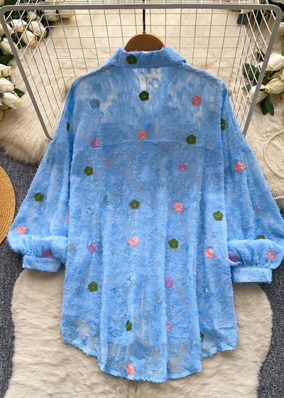 DIY Blue Oversized Print Chiffon UPF 50+ Shirt Summer