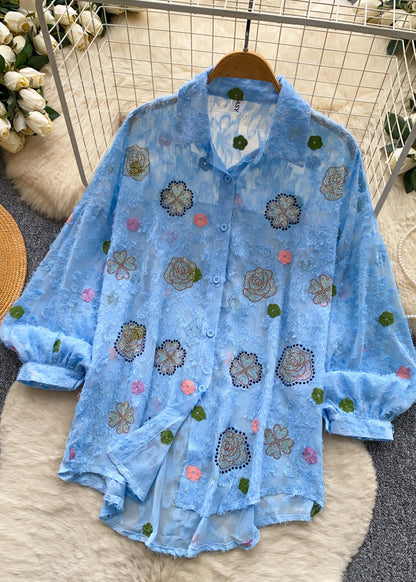 DIY Blue Oversized Print Chiffon UPF 50+ Shirt Summer