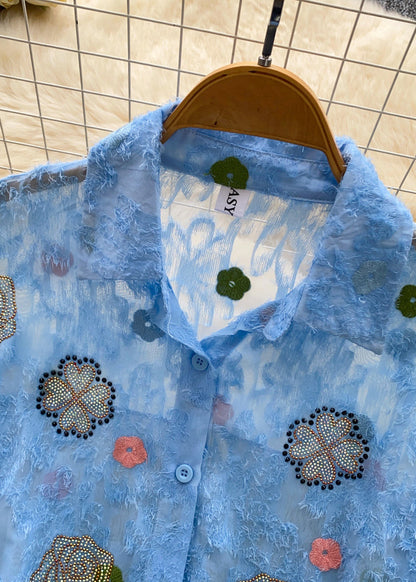DIY Blue Oversized Print Chiffon UPF 50+ Shirt Summer