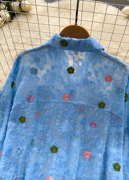 DIY Blue Oversized Print Chiffon UPF 50+ Shirt Summer