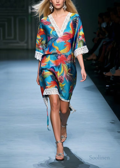 DIY Blue Phoenix Print Patchwork Lace Tea Dress Summer