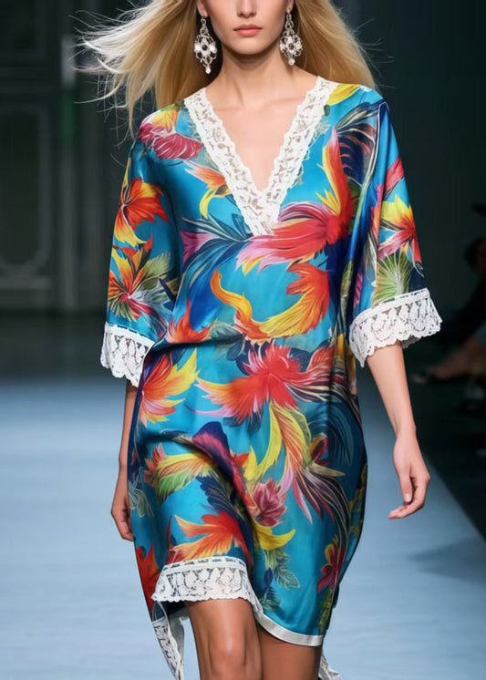 DIY Blue Phoenix Print Patchwork Lace Tea Dress Summer