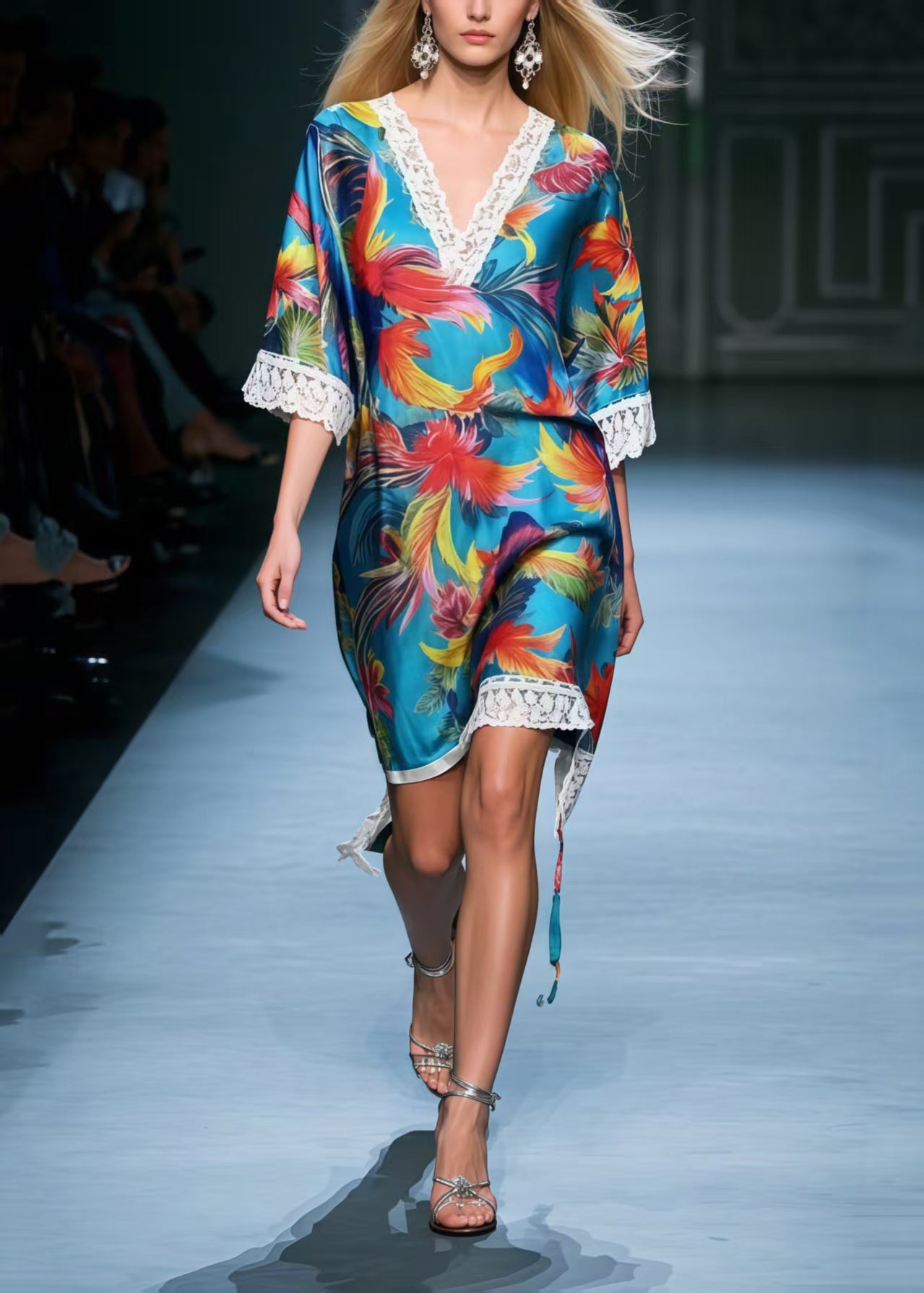 DIY Blue Phoenix Print Patchwork Lace Tea Dress Summer