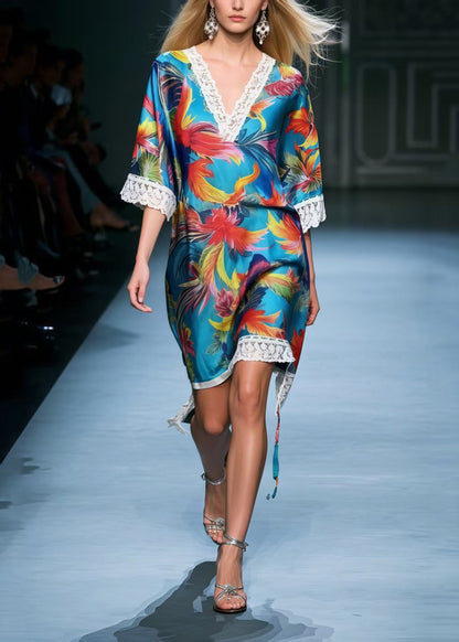 DIY Blue Phoenix Print Patchwork Lace Tea Dress Summer