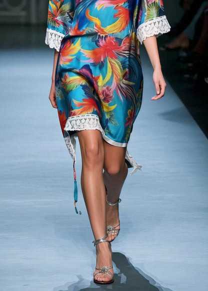 DIY Blue Phoenix Print Patchwork Lace Tea Dress Summer