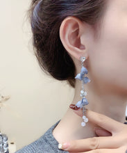 Load image into Gallery viewer, DIY Blue Sterling Silver Zircon Pearl Floral Tassel Drop Earrings