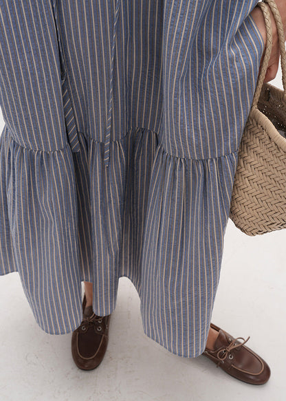 DIY Blue Striped Patchwork Cotton Long Dress Half Sleeve