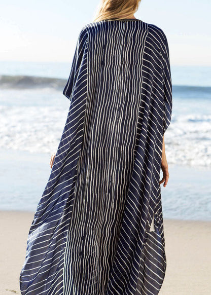 DIY Blue Striped side open Beach Gown Vacation Summer Chiffon Dress