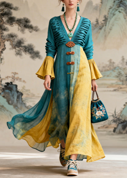 DIY Blue Tie Dye Patchwork Wrinkled Cotton Robe Dresses Flare Sleeve
