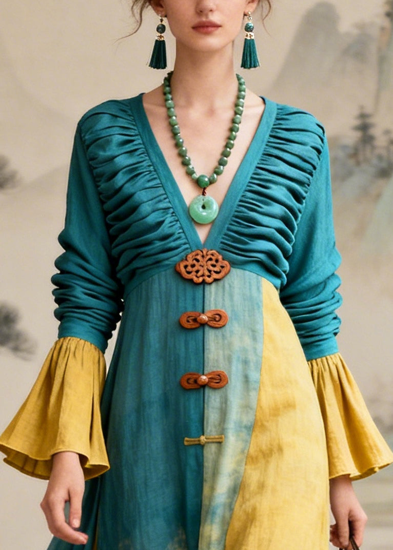 DIY Blue Tie Dye Patchwork Wrinkled Cotton Robe Dresses Flare Sleeve