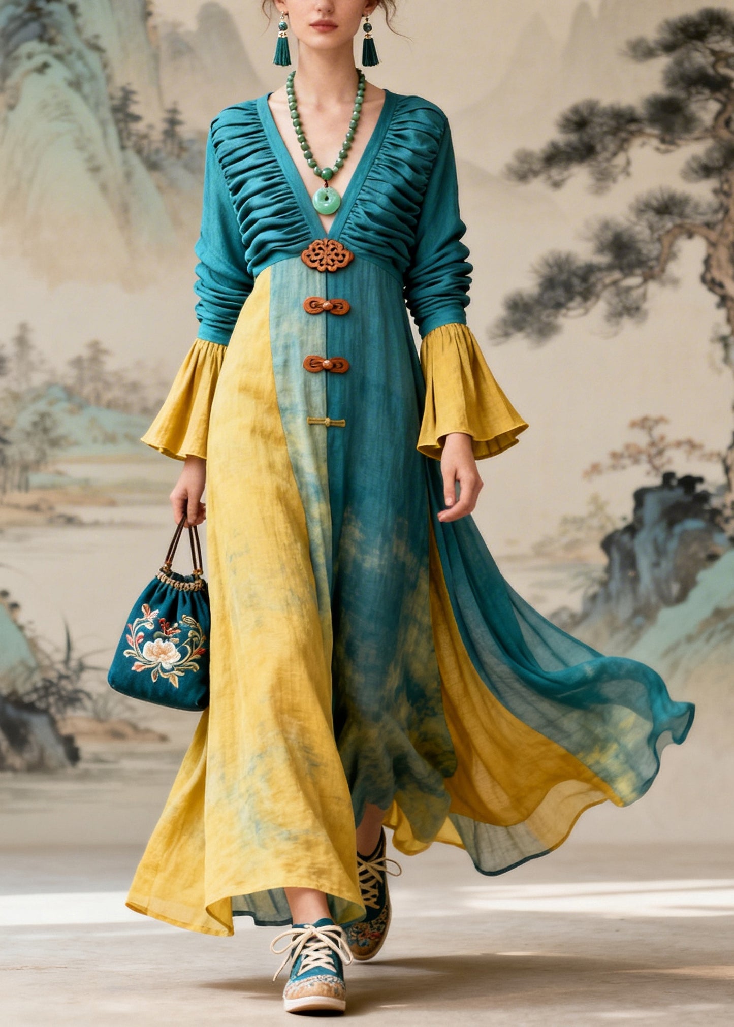DIY Blue Tie Dye Patchwork Wrinkled Cotton Robe Dresses Flare Sleeve