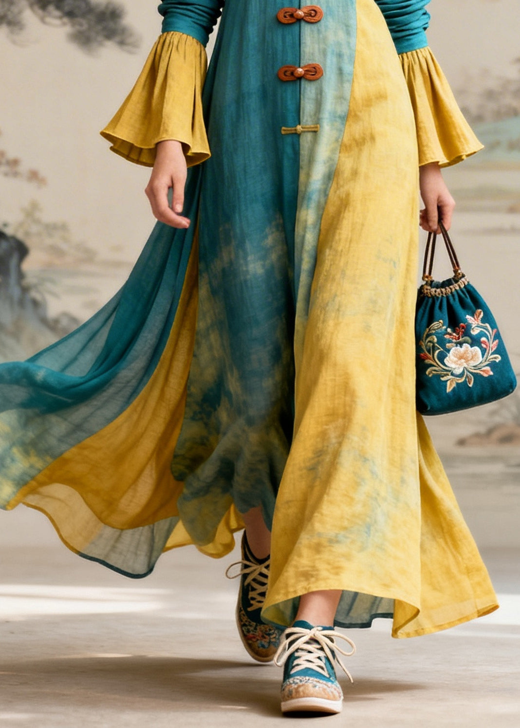 DIY Blue Tie Dye Patchwork Wrinkled Cotton Robe Dresses Flare Sleeve