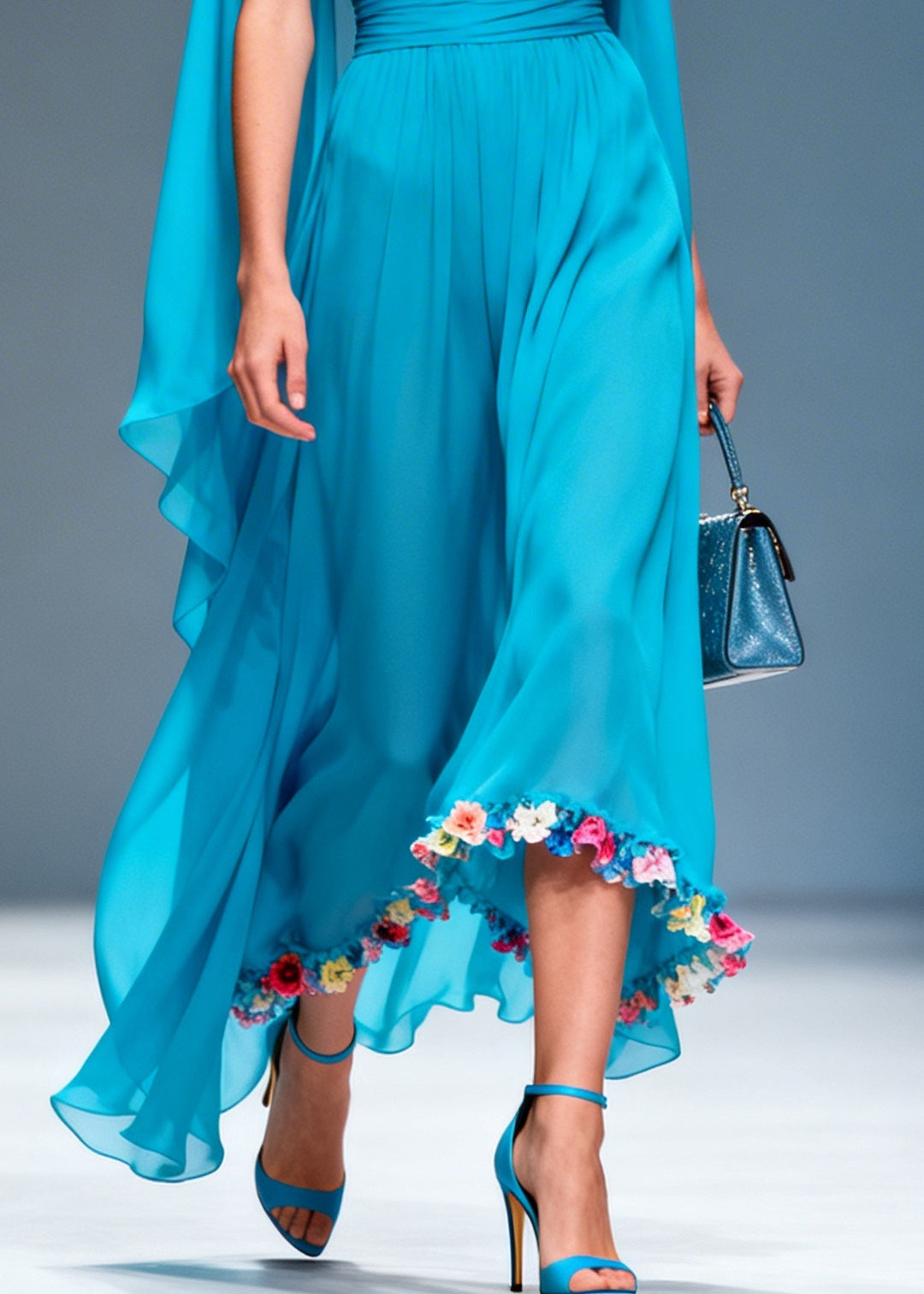 DIY Blue Turtle Neck Patchwork Flower Chiffon Dresses Summer