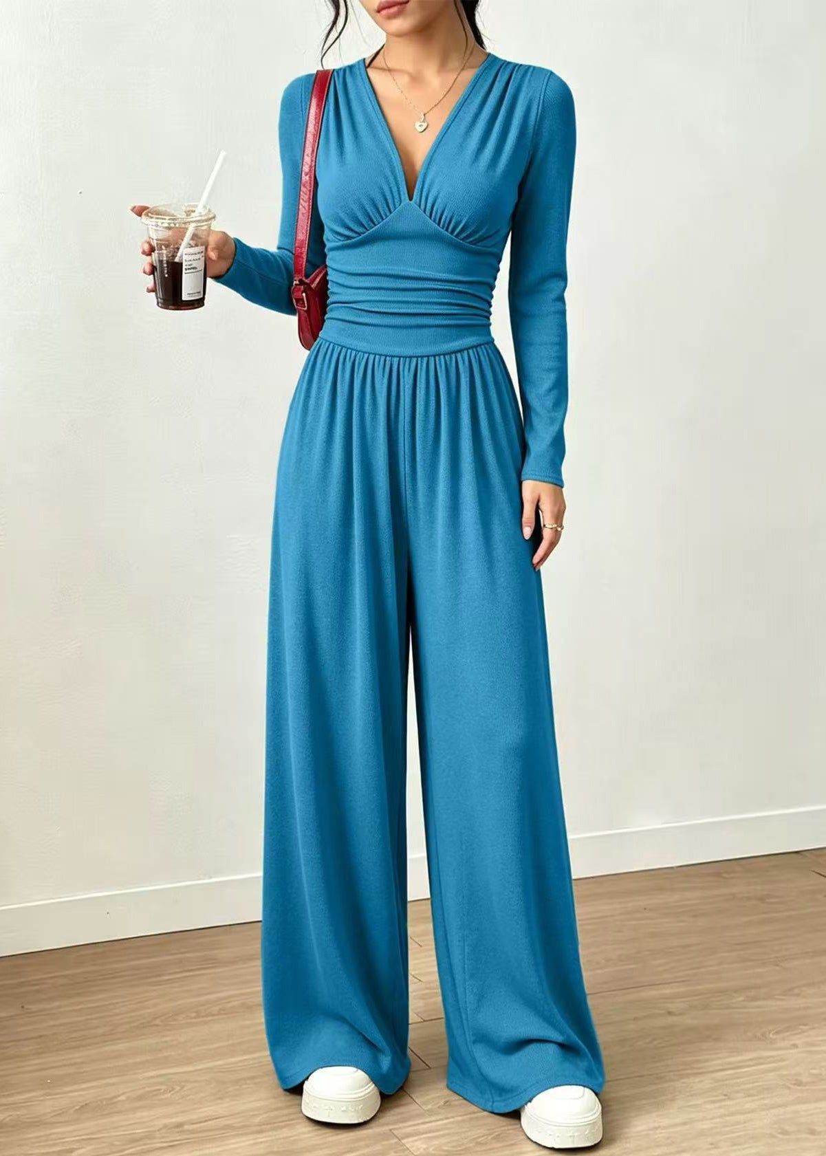 DIY Blue V Neck Silm Fit Cotton Wide Leg Pant Jumpsuit Fall